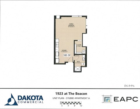Floor plan for studio, 1 bath, 585 sqft